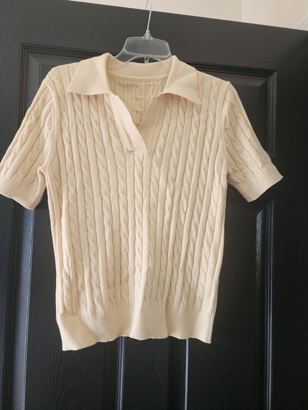 Cable Knit Short Sleeve Polo in Cream